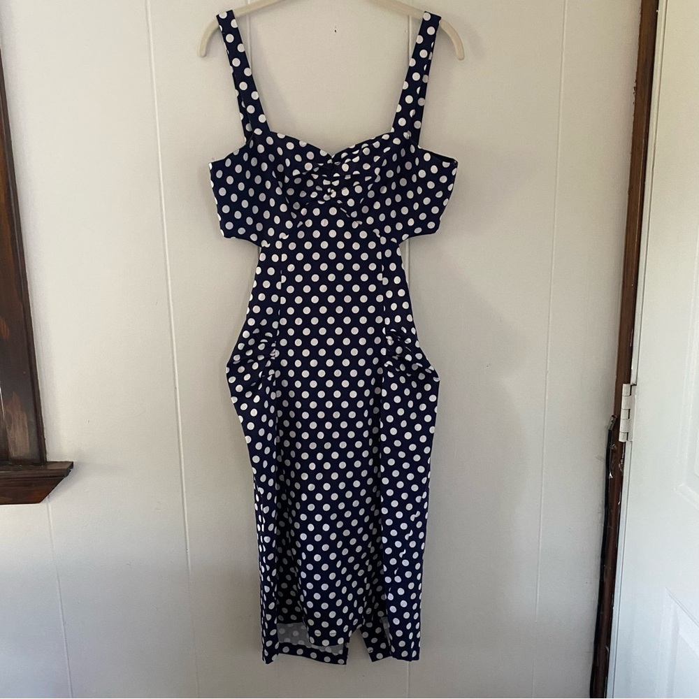 Miss Lulo Pencil Dress with Back Cut-Out - Navy/White Polka Dot, Size - M
